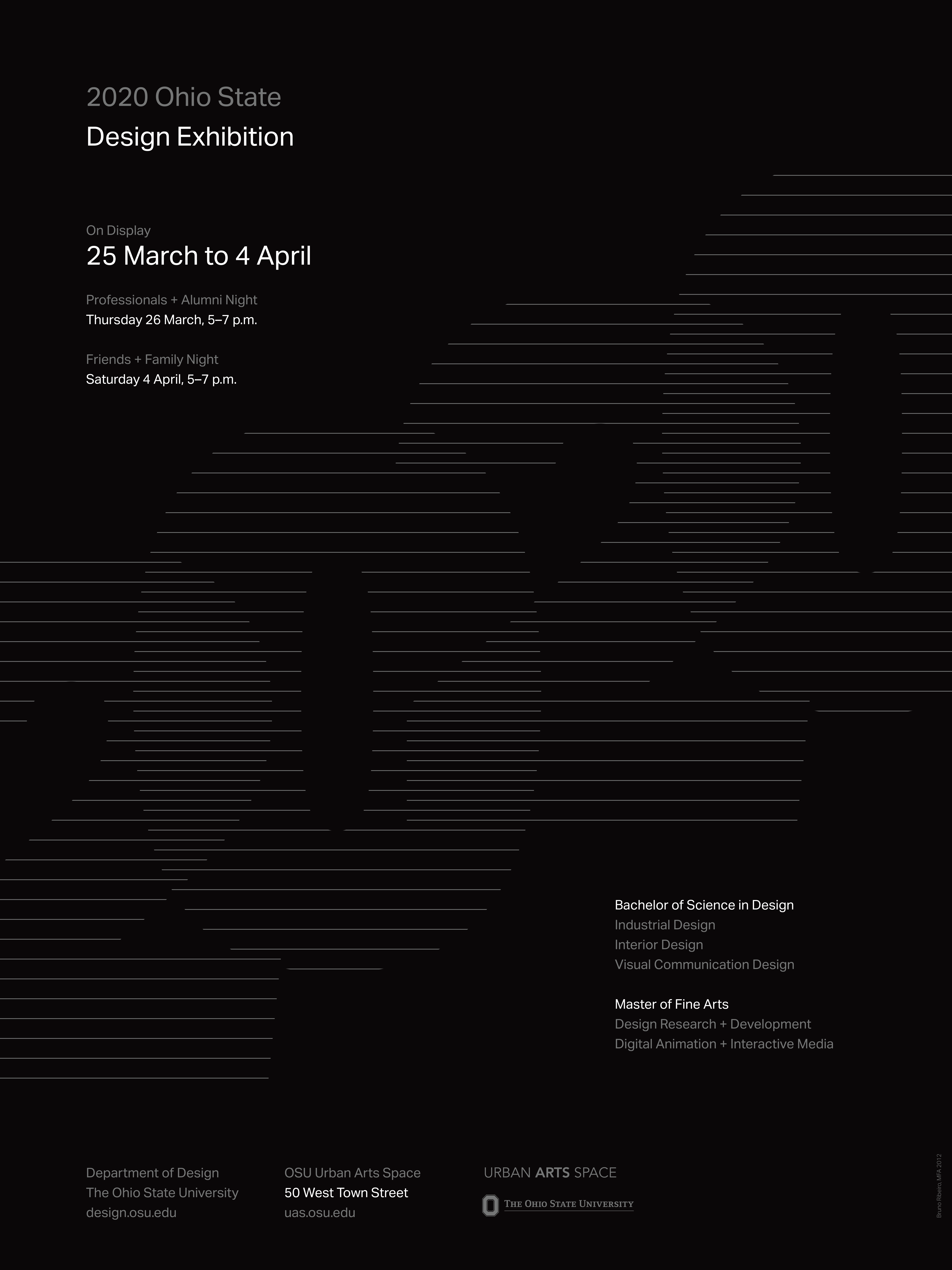 Black poster with gray and white type, announcing the 2020 Ohio State Design Exhibition from 25 March to 4 April in Columbus, Ohio. 